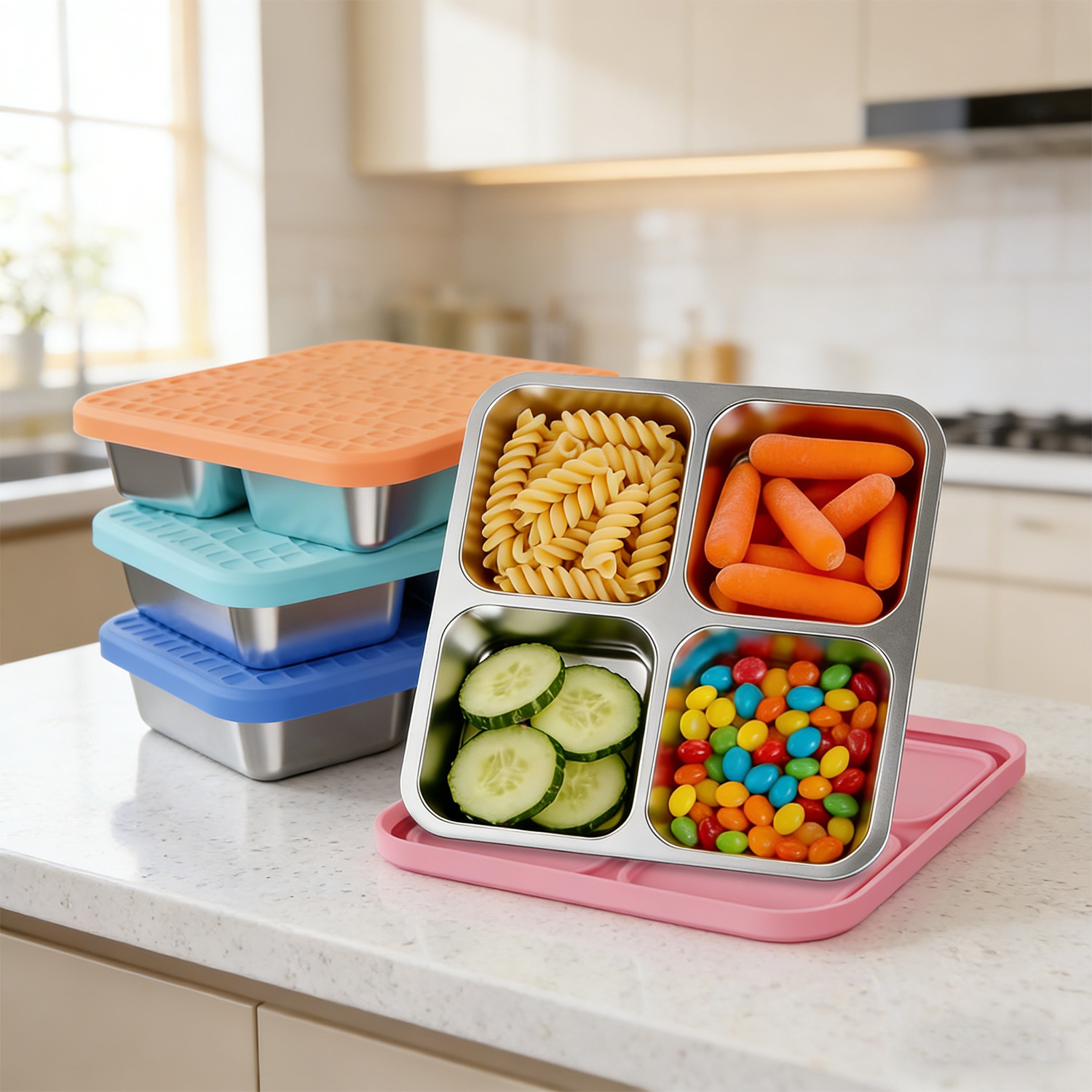 304 스테인리스 스틸 4칸 분리형 도시락 용기, 실리 - Meal Prep Box 리뷰 및 가격